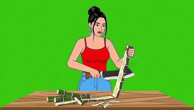 Woman making cow dung cakes and placing them on wall  vector animation green screen