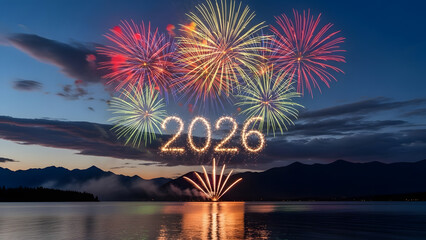 Spectacular colorful fireworks, 2026 light, lake reflection