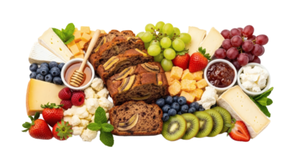 A gourmet breakfast charcuterie board featuring fresh fruits, artisan cheeses, and banana bread slices