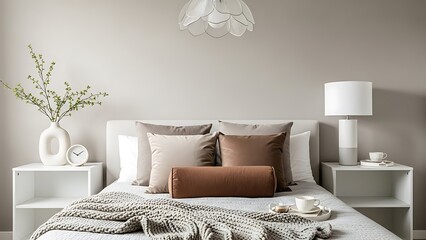 Modern and cozy bedroom interior design with neutral tones and soft lighting