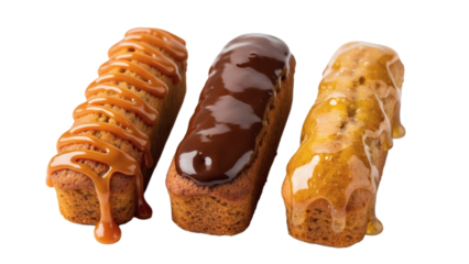 A variety of sweet mini loaf cakes drizzled with rich caramel, dark chocolate, and golden honey glaze