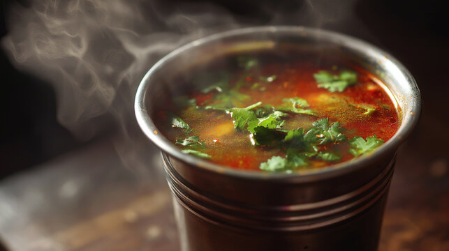 Steaming hot tomato rasam with tamarind, cumin, pepper, red chilies, fresh coriander, served in a steel tumbler bowl, rising steam