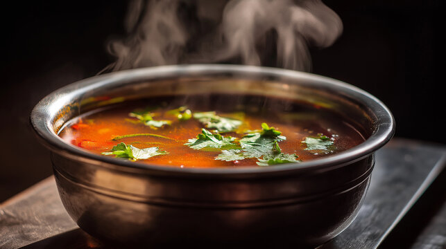 Steaming hot tomato rasam with tamarind, cumin, pepper, red chilies, fresh coriander, served in a steel tumbler bowl, rising steam