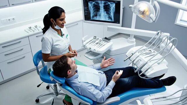 Consulting Dentist Explains Dental X-ray Results To A Patient In Modern Clinic