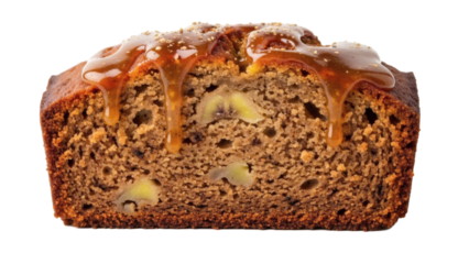 A delectable slice of moist banana bread featuring visible banana pieces and a rich caramel drizzle