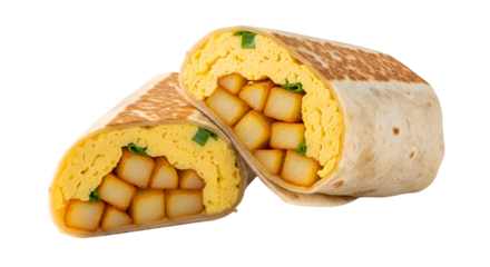 Breakfast Burrito Cut in Half Showing Scrambled Eggs and Potatoes