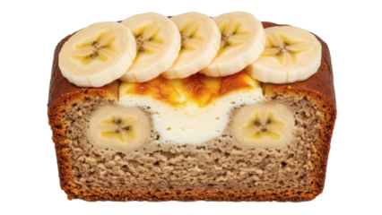 A delectable slice of banana bread with creamy filling and fresh banana slices on top