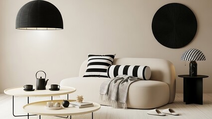 Modern bohemian living room interior design with beige sofa and black accents