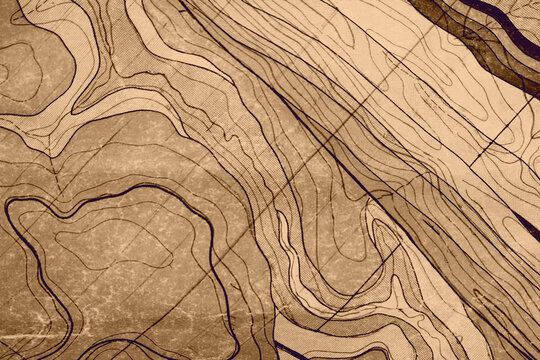 Abstract background with wavy lines of a geological map in beige and brown tones. Texture of relief and topographic contours for wallpaper