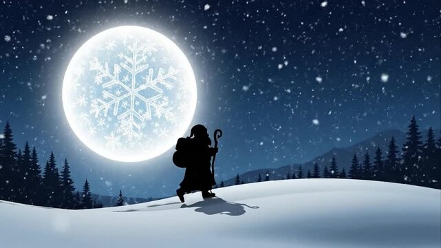 Silhouette figure walking with pack under moonlit nightscape