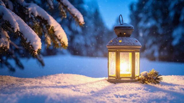Farol navide&ntilde;o rojo encendido sobre la nieve junto a ramas de abeto cubiertas de escarcha. Luz c&aacute;lida al atardecer en un bosque invernal desenfocado, creando una atm&oacute;sfera acogedora.