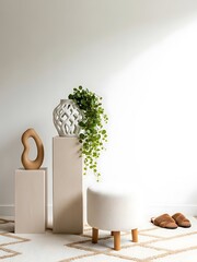 Modern minimalist interior decor with ceramic vase, plant, and ottoman
