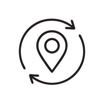 A simple black and white line art illustration depicting a location pin with circular arrows around it