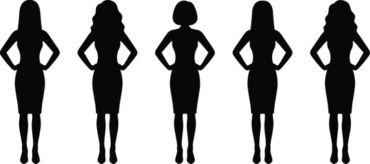 Confident business women silhouettes set showing female standing poses hands on hips professional style black isolated vector collection