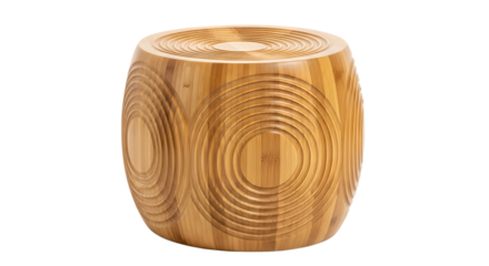 Modern bamboo wood stool with unique concentric carved circles design on black background, natural light wood furniture piece