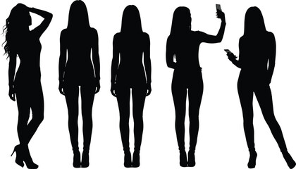 Female body silhouette poses set showing modern women standing, walking, smartphone use, stylish shapes, black isolated vector collection