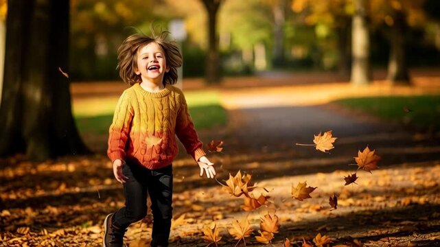 Happy kid playing with falling autumn leaf. Cheerful boy enjoying natural park environment. Child having fun outdoors in fall season.