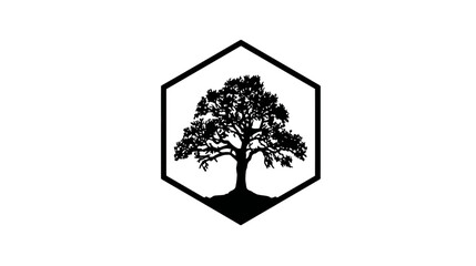 Stylized tree silhouette within a modern hexagonal frame, black and white graphic design element representing nature, growth, and stability.