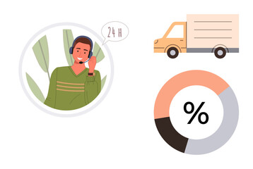 Support agent with headset in a circle, delivery truck, and pie chart with percentage. Ideal for customer service, logistics, analysis, data visualization, commerce statistics and business. Simple