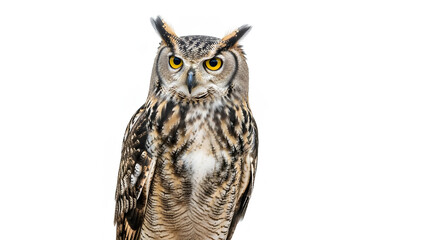Obraz premium Intense gaze of a wild owl captured in a detailed studio portrait on white