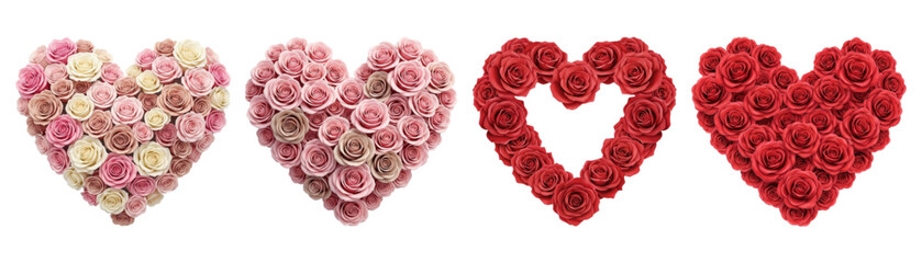 Collection of heart shapes made from roses, red, pink, and blush colored flower arrangements, perfect design element for Valentine's Day