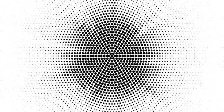 Radial halftone spotted gradient background. Dotted stains concentric texture with fading effect. Black and white circle shade wallpaper. Grunge rough vector. Monochrome geometric backdrop.