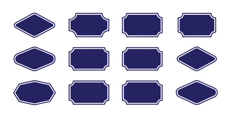 Collection of twelve dark blue blank decorative vintage style label frames isolated on white background