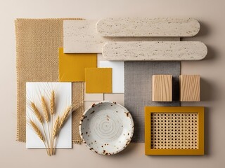 Bohemian interior design mood board with natural textures and mustard yellow accents