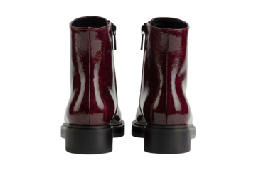 Product Photo of Burgundy Patent Leather Ankle Boots with Zipper, Rear View, isolated on transparent background