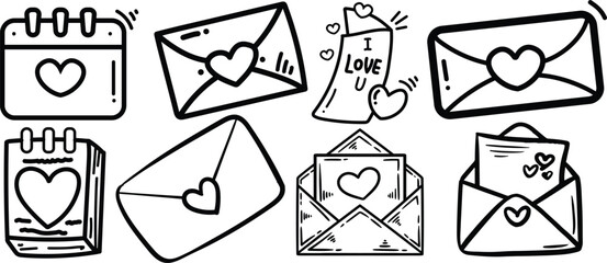 Valentine day icons love letters hearts calendar doodle romantic message anniversary greeting card hand drawn symbols