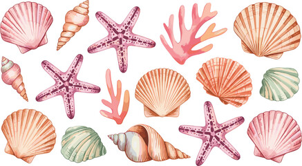 Luxury Watercolor Vector Set of Exotic Seashells, Starfish, and Coral in Pastel Tones, Ideal for Coastal Decor, Tropical Invitations, or High-End Brand Design.