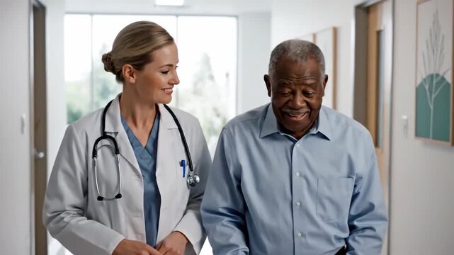Compassionate Medical Team Engaging in Patient Care Conversation in Hospital Corridor