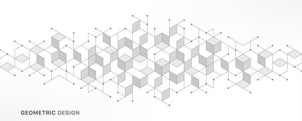 Abstract geometric 3D cube structure with connected lines and dots on white background