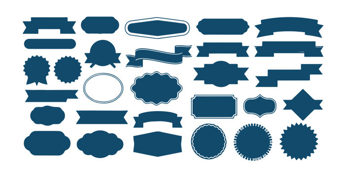 Versatile set of graphic navy blue ribbon banners label shapes and vintage badges isolated on white background stock vector