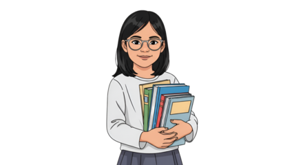 Cartoon Girl with Glasses Holding Stack of Books child