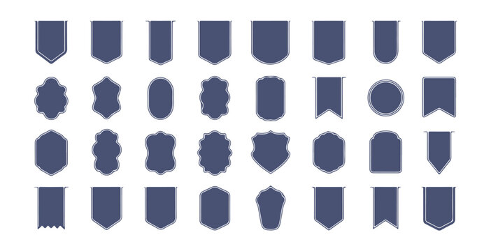 Collection of blank blue badges tags shields ribbons and bookmarks set in various geometric shapes isolated on white.