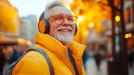 Content Emotion Serene People Wearing Headphone Listening To Music Senior Man