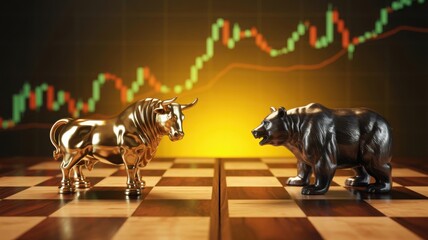 Golden bull facing a black bear on a chessboard with a financial graph in the background, symbolizing the stock market's bullish and bearish trends