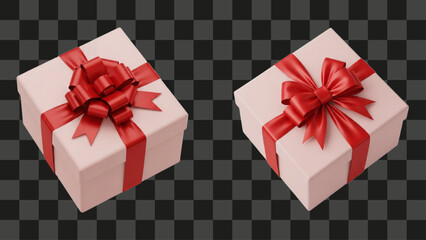 Two square pink gift boxes with large glossy red ribbons, elegant 3D rendered birthday or Christmas presents, minimalist celebration background object mockup