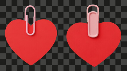 Two red heart shaped paper notes with pink plastic clips, blank sticky message card template, realistic 3D render isolated on transparent background