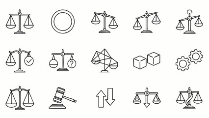 Fototapeta premium Collection of line art icons representing justice, balance, law, and decision-making concepts.