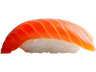 Classic salmon nigiri with glossy fish slice on rice, perfect for Japanese cuisine branding, menu covers, and food packaging.