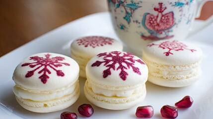 christmas macarons with red glitter snowflakes