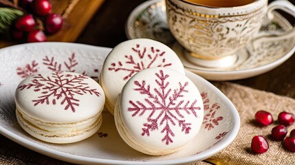 christmas macarons with red glitter snowflakes