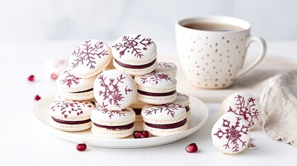 christmas macarons with red glitter snowflakes
