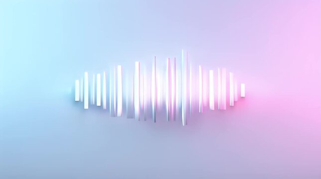 Abstract visual representation of a digital sound wave equalizer bar graph with a glowing white glow against a soft pink and blue gradient background