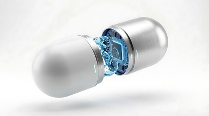 Nanotechnology Smart Pill Revealing Blue Circuit Board and Fluid, Future Medical Concept, Targeted Drug Delivery System