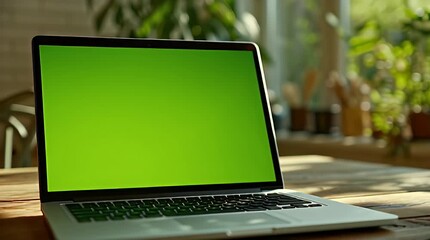 Laptop computer with a vibrant green screen, ideal for digital content creation and virtual backgrounds