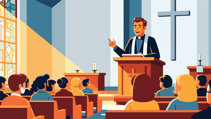 Flat vector illustration of a Christian pastor preaching a sermon in church, ideal for religious education, church events, ministry content, and faith visuals