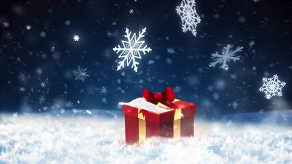 Festive Christmas illustration featuring a decorated tree with ornaments and a gift box wrapped with ribbon, surrounded by snowflakes in a warm red and gold holiday celebratio - Powered by Adobe